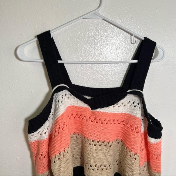 Striped Cold Shoulder Sweater Loose Knit Beige Black Peach S - Picture 4 of 10